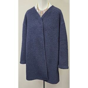 Uniqlo Womens Pile Lined Fleece V Neck Long Coat Navy Blue Sherpa Jacket Large